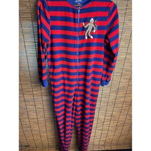Nick & Nora Sock Monkey Fleece Footed Pajamas Red Blue Striped Small Sleepwear